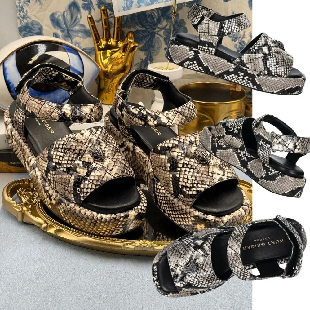 🆕 KURT GEIGER LONDON 🧿 NWOB Onyx 45MM Platform Sandals, Snakeskin, Sz EU40 US9